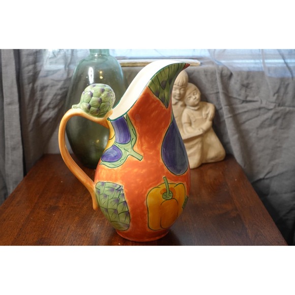 Clay Art Toscano collection large pitcher bright colors with vegetables - Picture 8 of 9